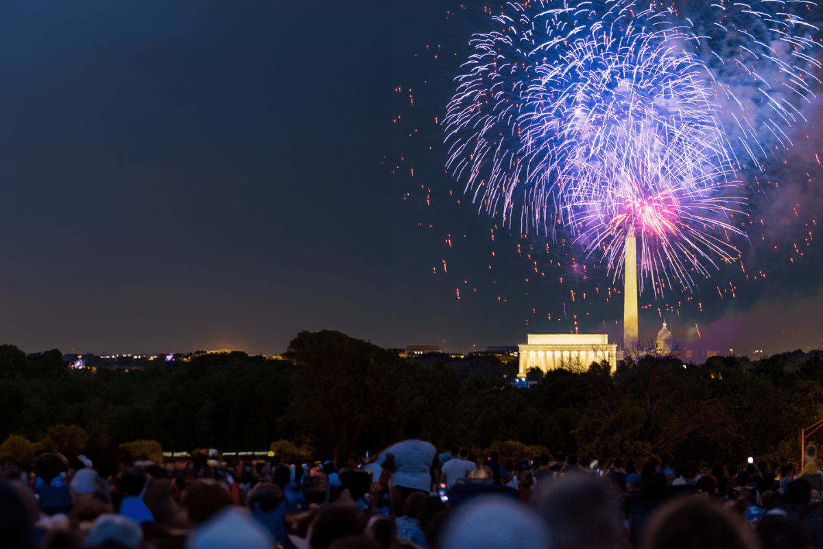 The July 4th fireworks on the National Mall in Washington DC with the Lincoln and Washington Monuments in the background.